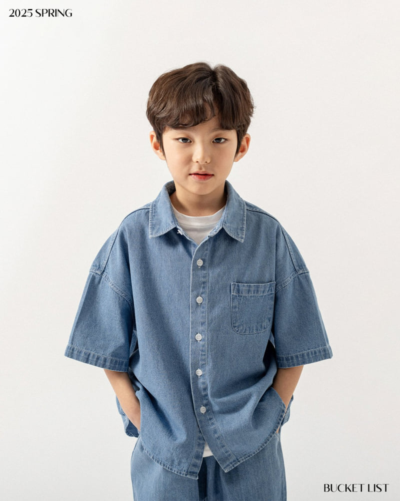 Bucket List - Korean Children Fashion - #minifashionista - Basic Denim Short Sleeved Shirt - 4