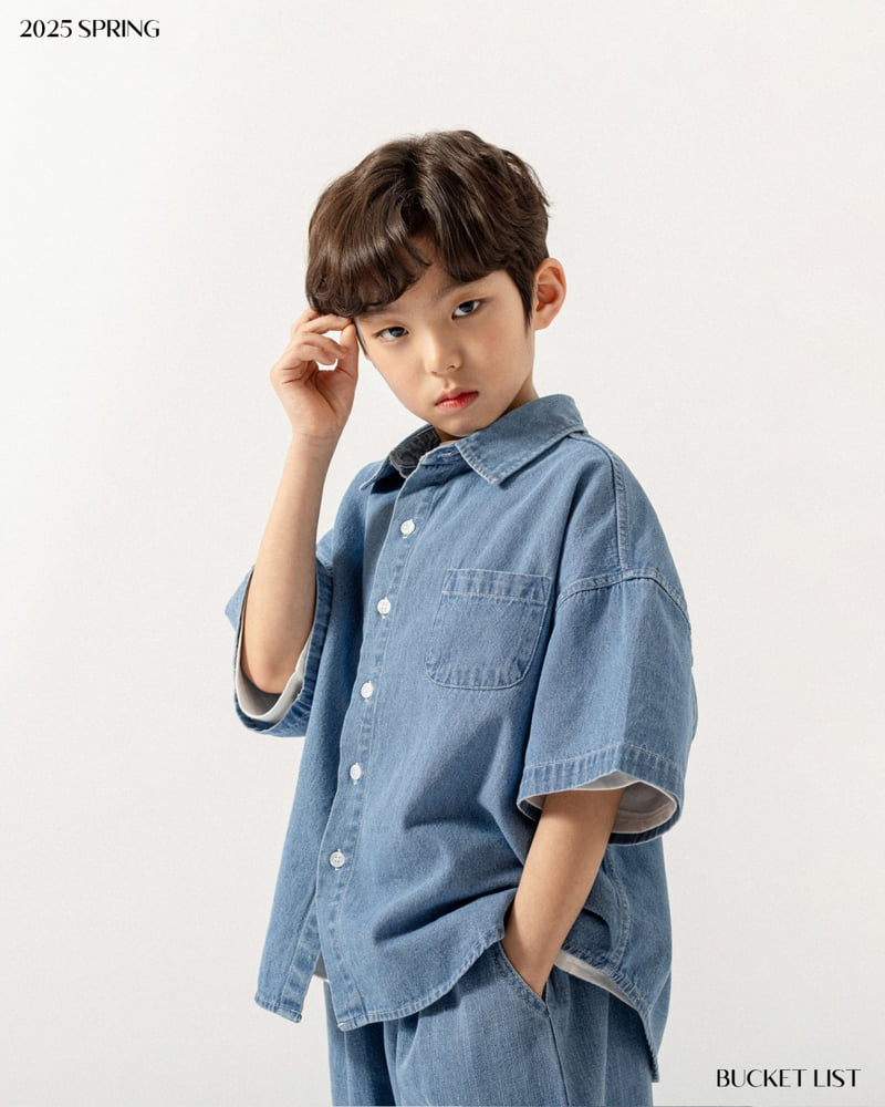 Bucket List - Korean Children Fashion - #todddlerfashion - Basic Denim Short Sleeved Shirt - 5