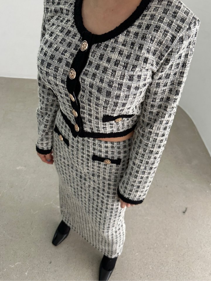 Chavi - Korean Women Fashion - #momslook - Check Tweed Cardigan Skirt Set - 12