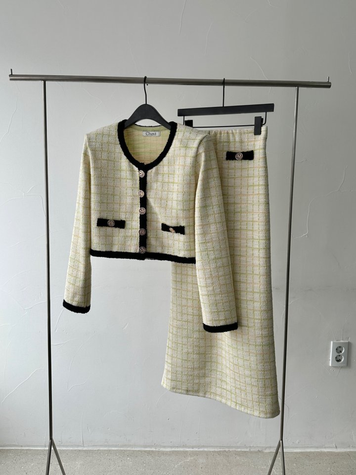 Chavi - Korean Women Fashion - #restrostyle - Check Tweed Cardigan Skirt Set