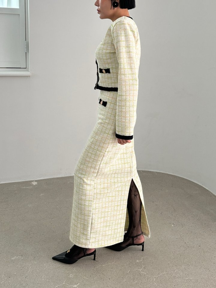 Chavi - Korean Women Fashion - #womensfashion - Check Tweed Cardigan Skirt Set - 11