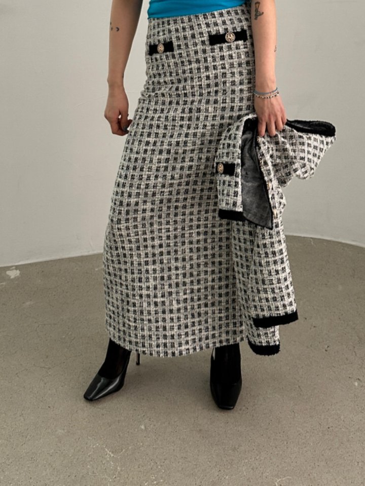 Chavi - Korean Women Fashion - #womensfashion - Check Tweed Cardigan Skirt Set - 9