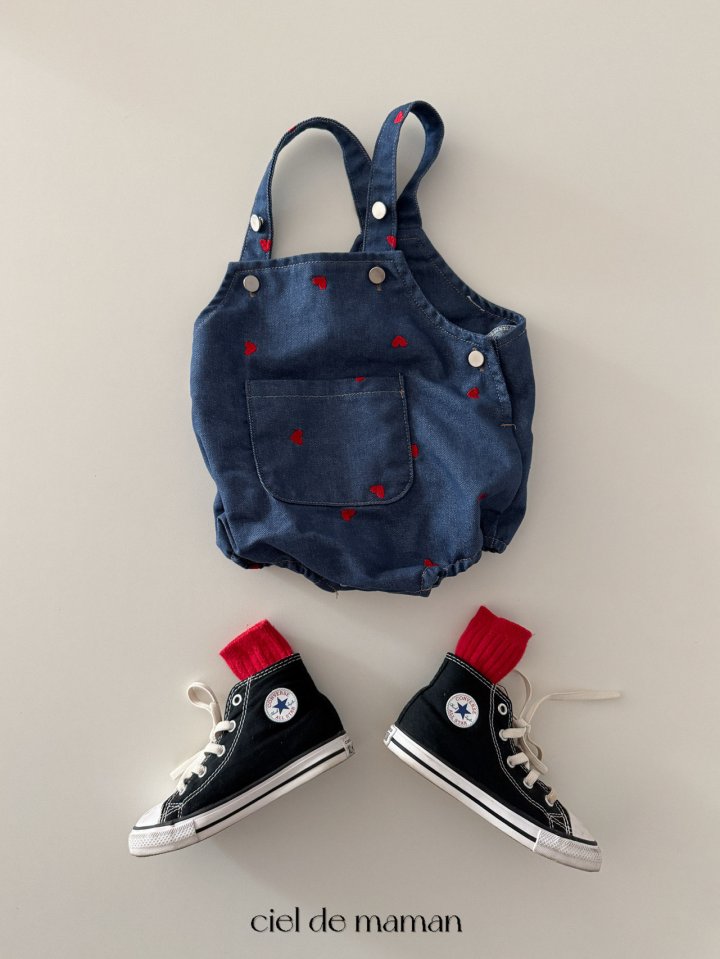 Ciel De Maman - Korean Baby Fashion - #babyoutfit - Heart Embroidery Denim Overalls - 2