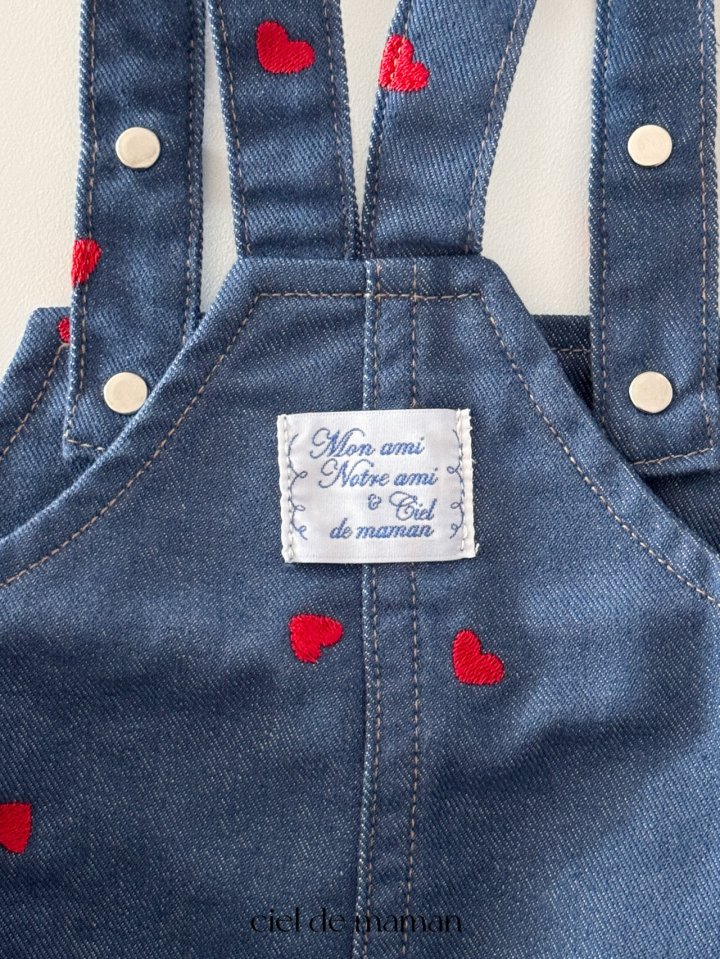 Ciel De Maman - Korean Baby Fashion - #onlinebabyshop - Heart Embroidery Denim Overalls - 5