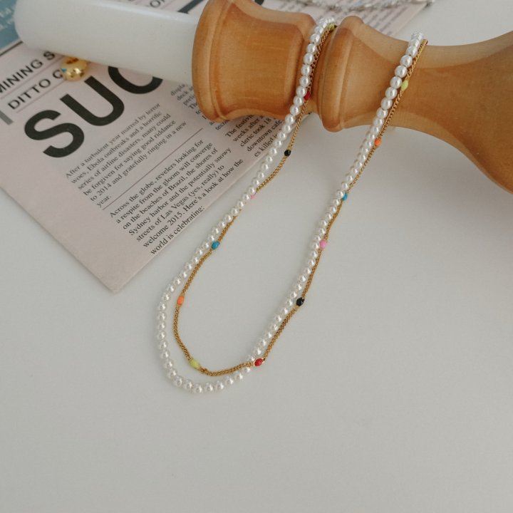 Eeiitt - Korean Women Fashion - #momslook - Double Rainbow Pearl Necklace - 3