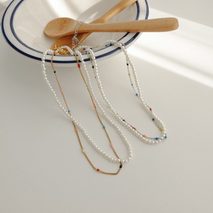 Eeiitt - Korean Women Fashion - #womensfashion - Double Rainbow Pearl Necklace - 8