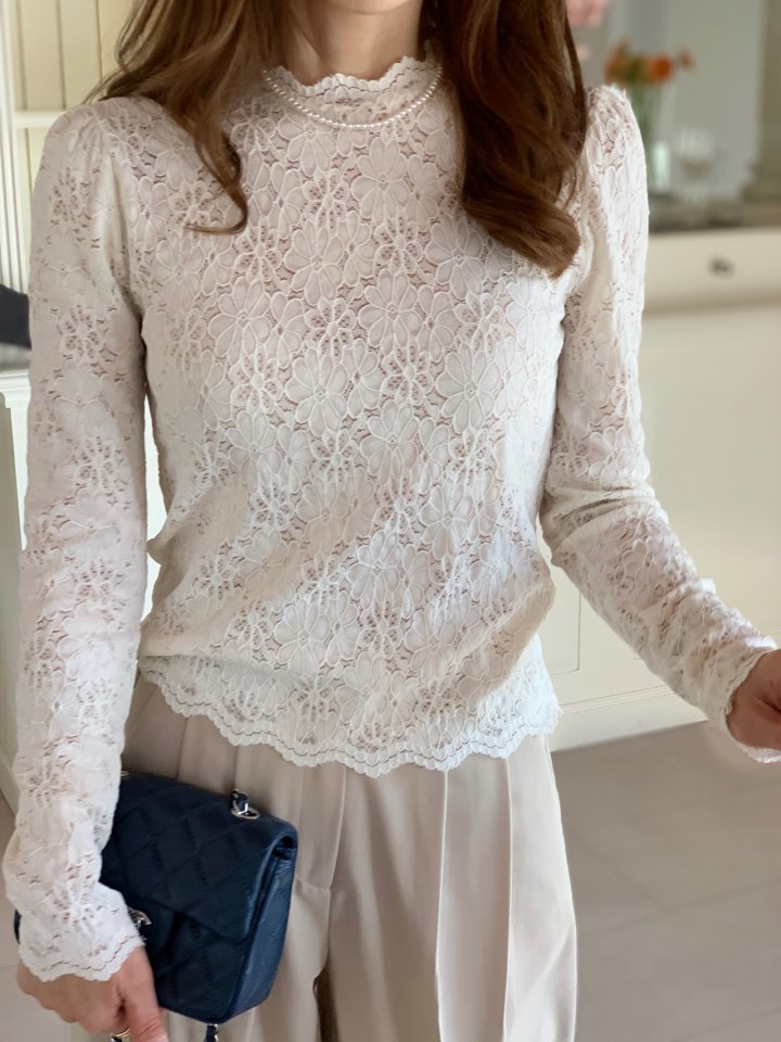 Elmu - Korean Women Fashion - #momslook - Shirring Lace Tee - 3