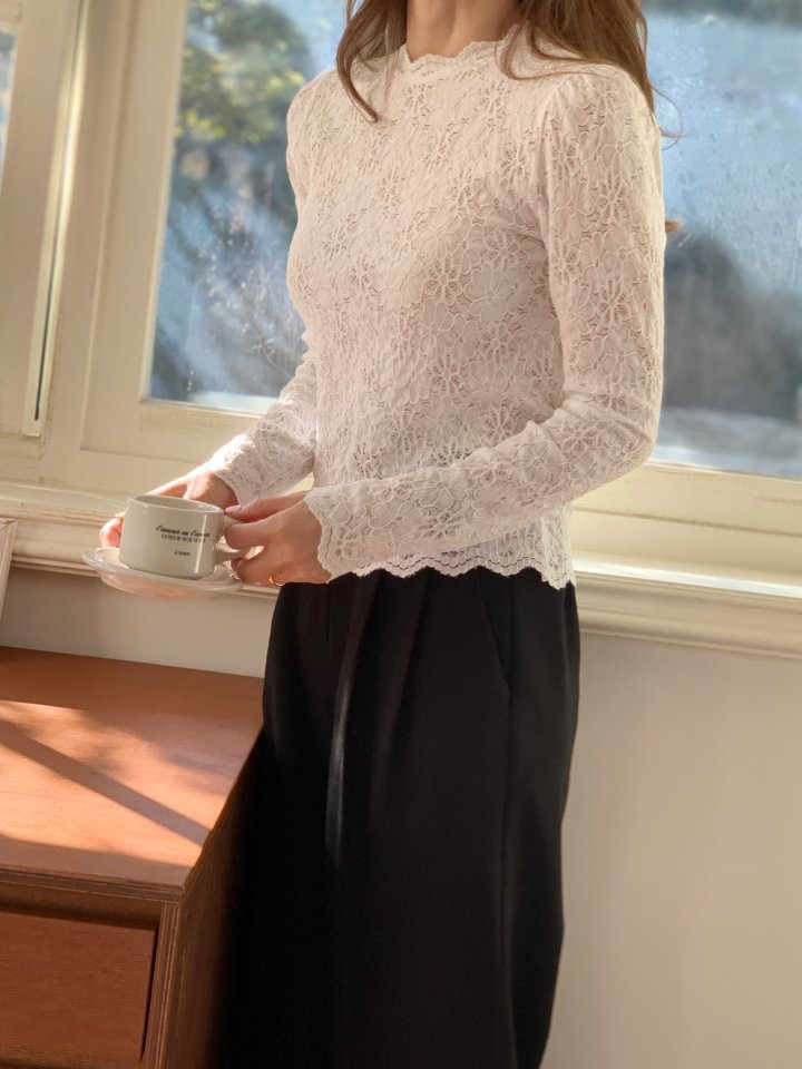Elmu - Korean Women Fashion - #momslook - Shirring Lace Tee - 5