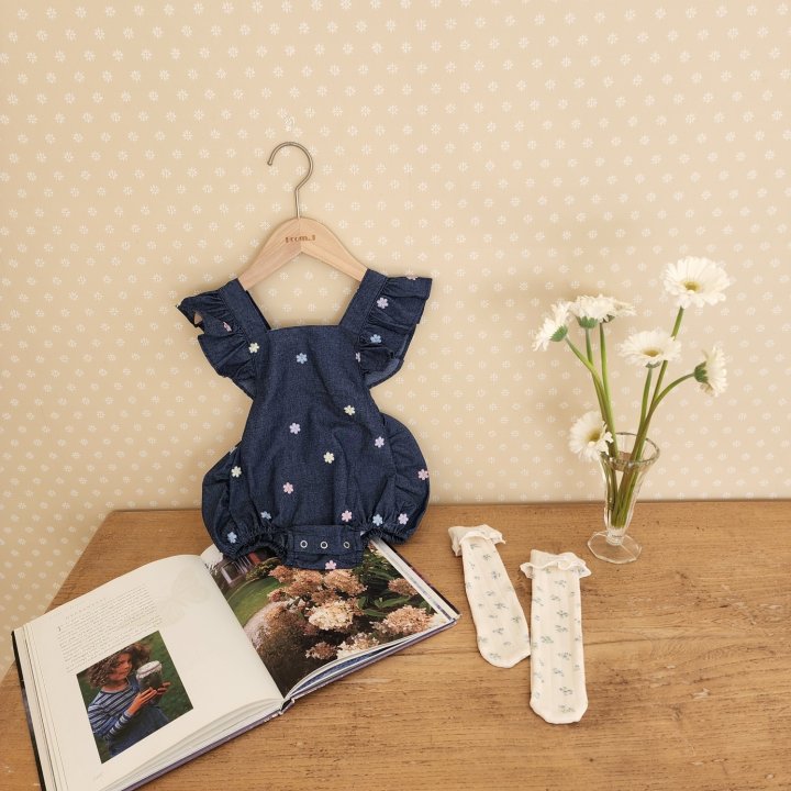 From J - Korean Baby Fashion - #babygirlfashion - Flower Embroidered Blue Suit - 3