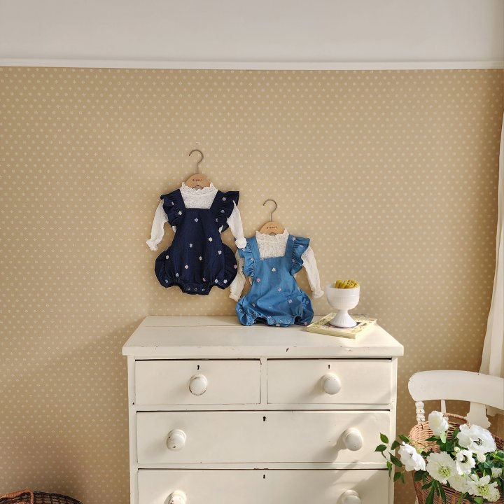 From J - Korean Baby Fashion - #babywear - Flower Embroidered Blue Suit - 9