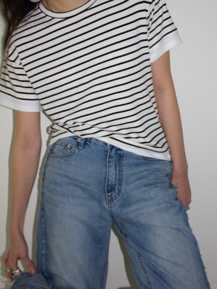 Inssense - Korean Women Fashion - #momslook - Stripe Layered Detail Short Sleeved Tee - 2