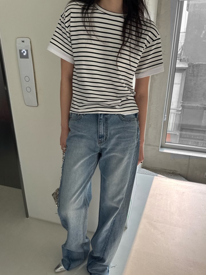 Inssense - Korean Women Fashion - #momslook - Stripe Layered Detail Short Sleeved Tee - 5