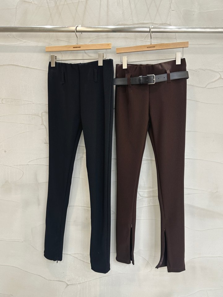 Inssense - Korean Women Fashion - #vintageinspired - Belted Detail Side Slit Zipper Leggings Pants - 10