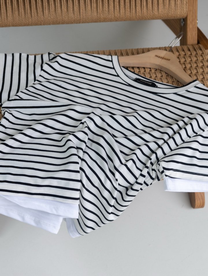 Inssense - Korean Women Fashion - #vintageinspired - Stripe Layered Detail Short Sleeved Tee - 8