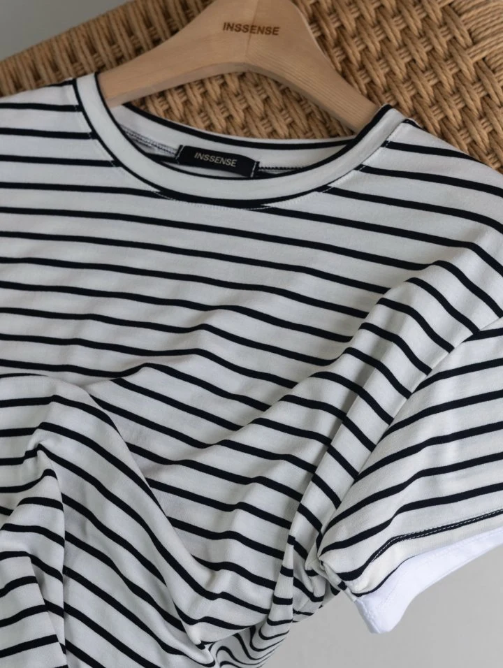 Inssense - Korean Women Fashion - #vintagekidsstyle - Stripe Layered Detail Short Sleeved Tee - 9