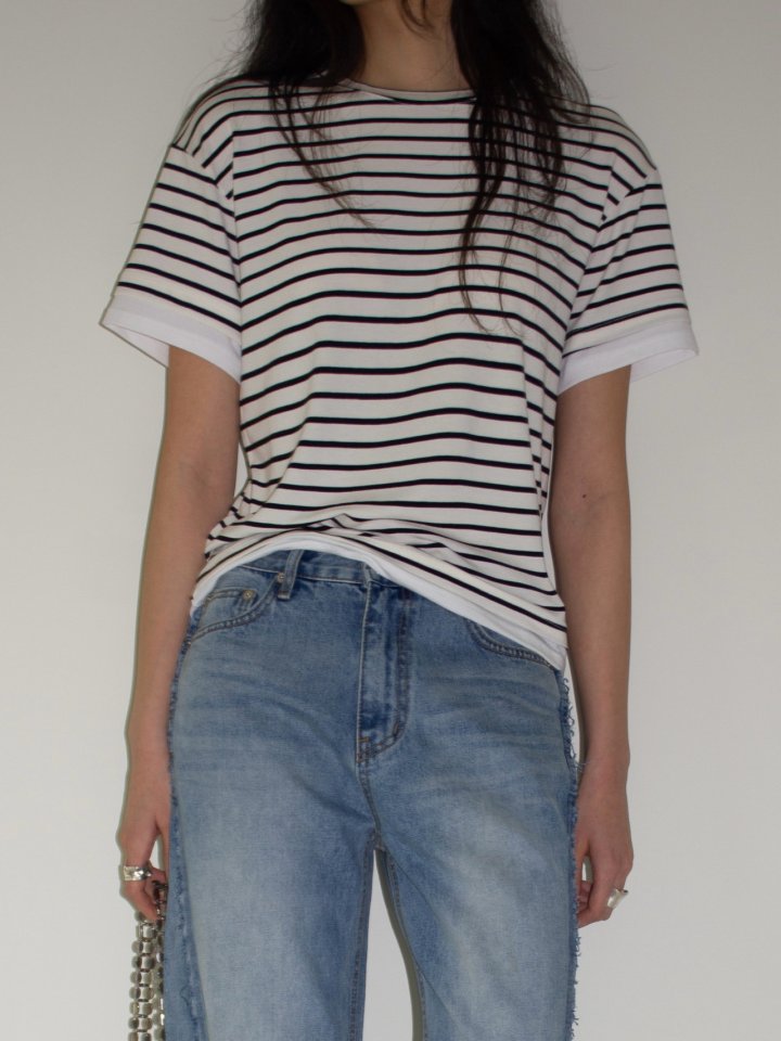 Inssense - Korean Women Fashion - #womensfashion - Stripe Layered Detail Short Sleeved Tee