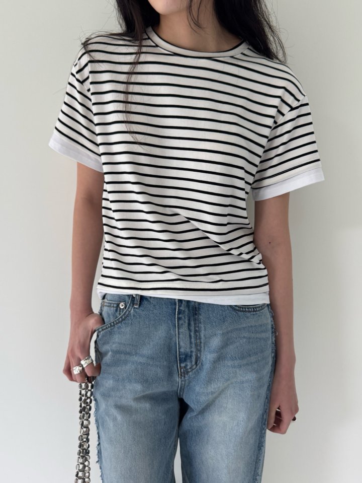 Inssense - Korean Women Fashion - #womensfashion - Stripe Layered Detail Short Sleeved Tee - 7