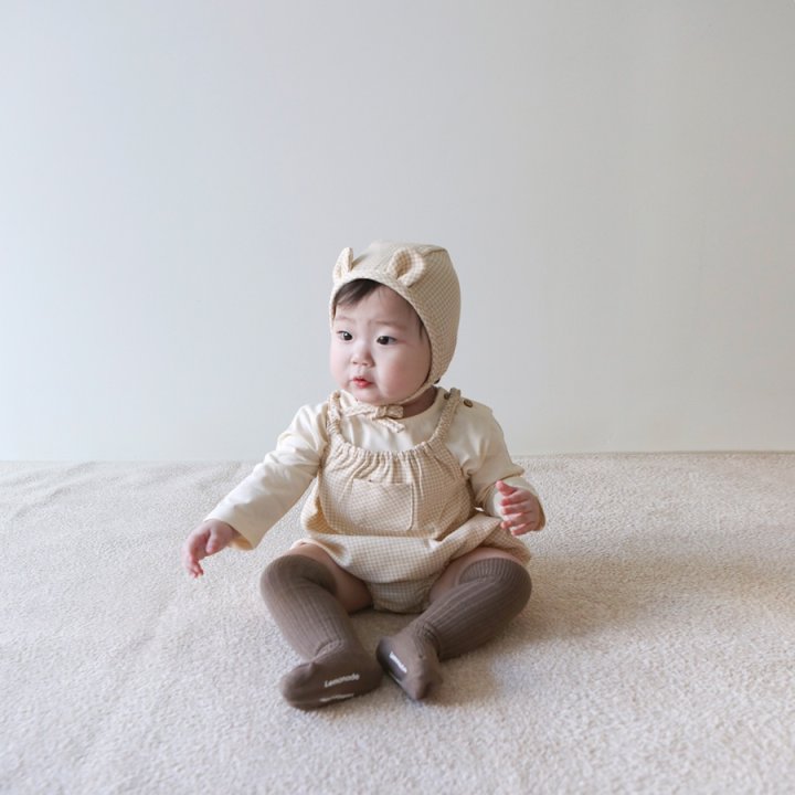 Lemonade - Korean Baby Fashion - #babyfashion - Check Suspenders Suit Bonnet Set - 12