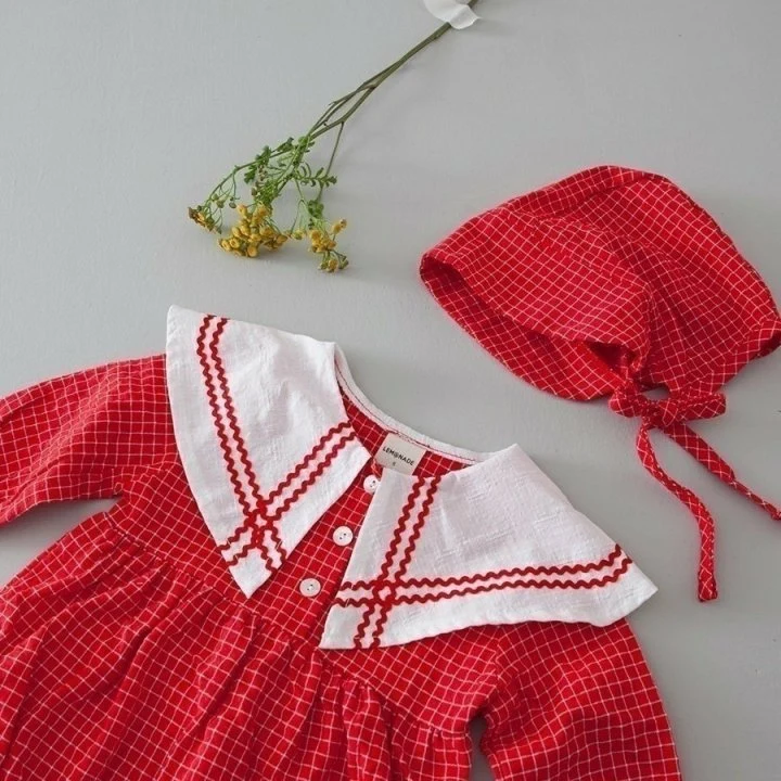 Lemonade - Korean Baby Fashion - #babyfashion - Navi Check Bonnet Suit - 3