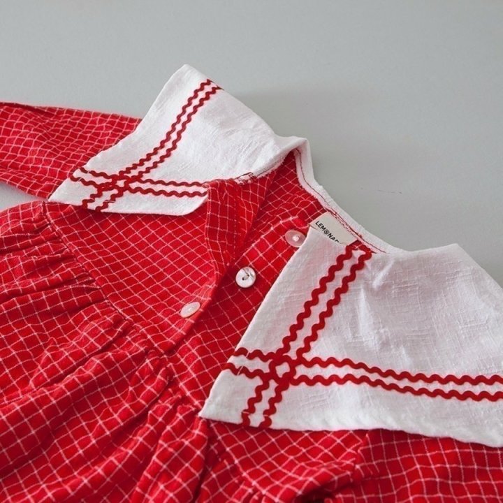 Lemonade - Korean Baby Fashion - #babygirlfashion - Navi Check Bonnet Suit - 5