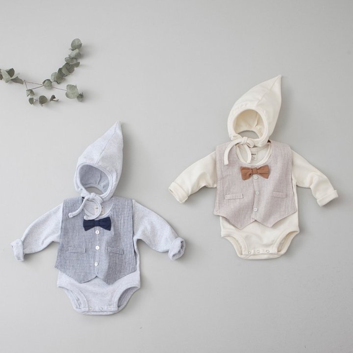 Lemonade - Korean Baby Fashion - #babygirlfashion - Luan Tuxedo Bonnet Suit Bib Set