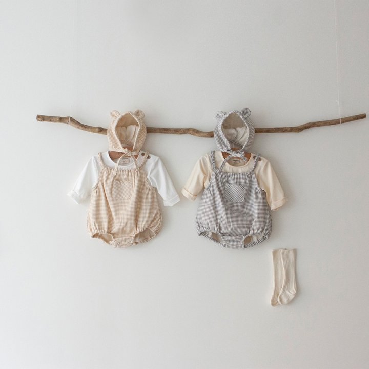 Lemonade - Korean Baby Fashion - #babyoninstagram - Check Suspenders Suit Bonnet Set