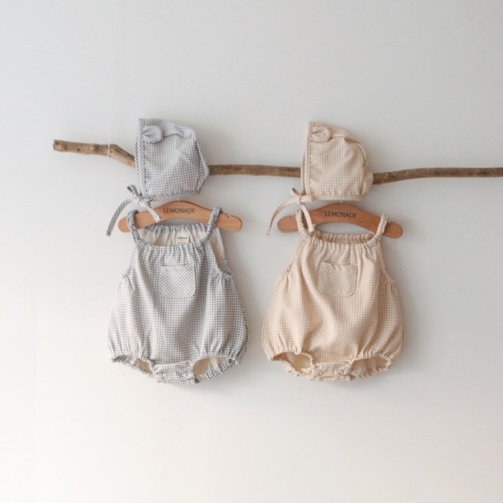 Lemonade - Korean Baby Fashion - #babyootd - Check Suspenders Suit Bonnet Set - 2