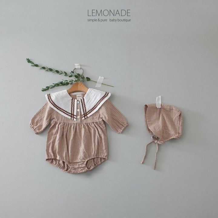 Lemonade - Korean Baby Fashion - #babyootd - Navi Check Bonnet Suit - 8