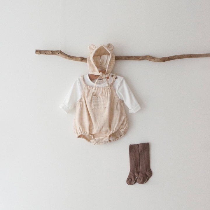 Lemonade - Korean Baby Fashion - #babyoutfit - Check Suspenders Suit Bonnet Set - 3