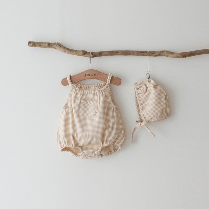 Lemonade - Korean Baby Fashion - #babyoutfit - Check Suspenders Suit Bonnet Set - 4