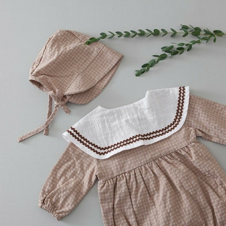 Lemonade - Korean Baby Fashion - #babyoutfit - Navi Check Bonnet Suit - 10