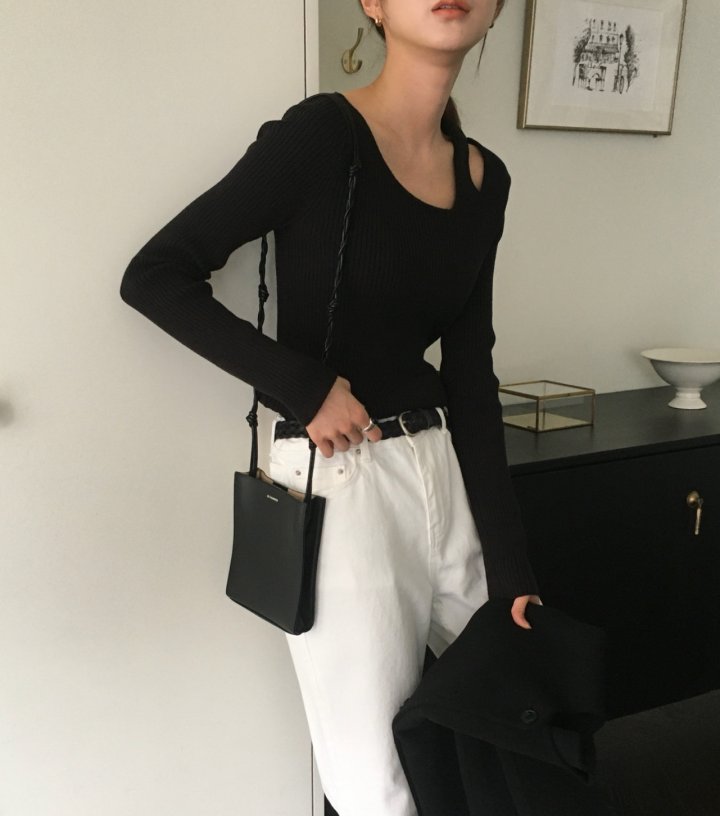 Moani - Korean Women Fashion - #pursuepretty - Unbalanced Shoulder Cut-out Knit Top - 9