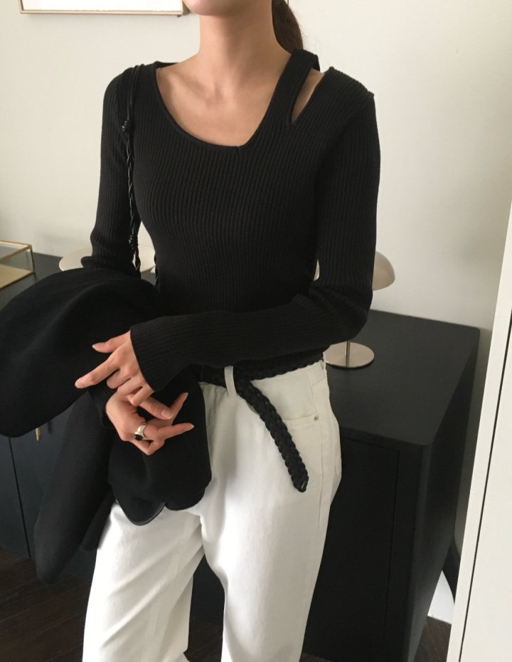 Moani - Korean Women Fashion - #womensfashion - Unbalanced Shoulder Cut-out Knit Top - 6