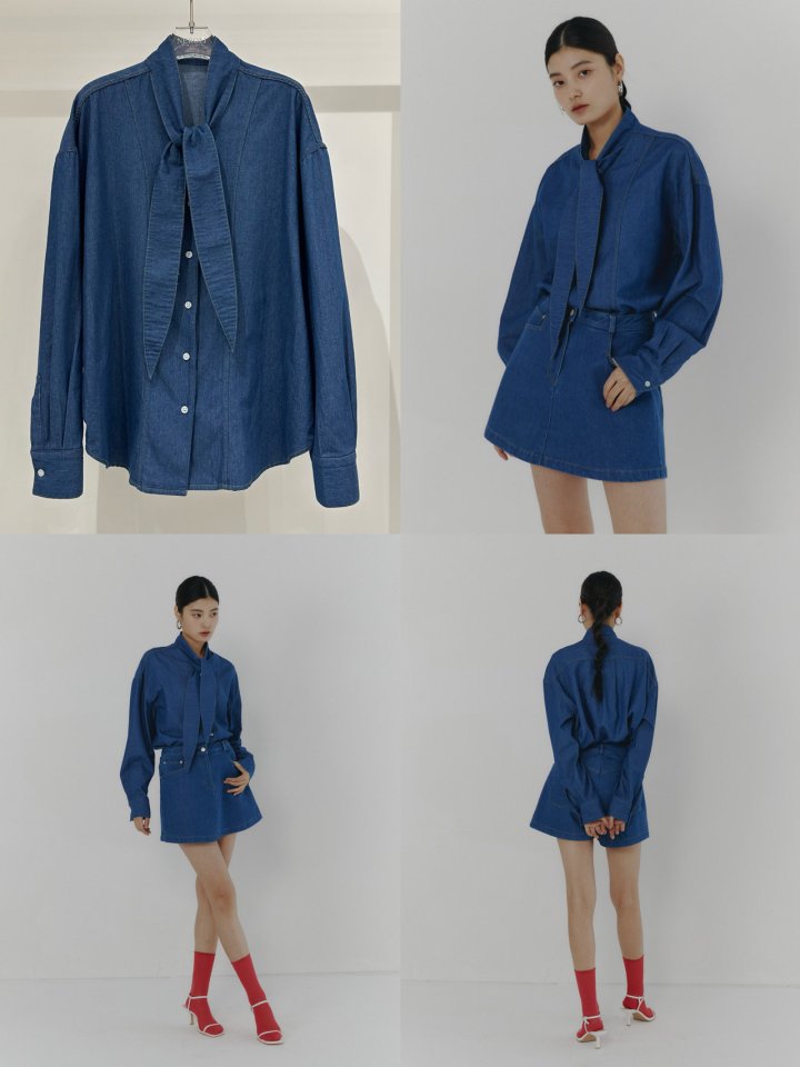 Neroli36 - Korean Women Fashion - #momslook - Tie Denim Shirt - 3