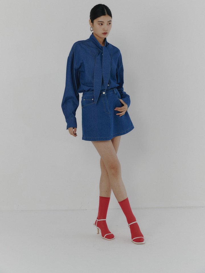 Neroli36 - Korean Women Fashion - #momslook - Tie Denim Shirt - 4