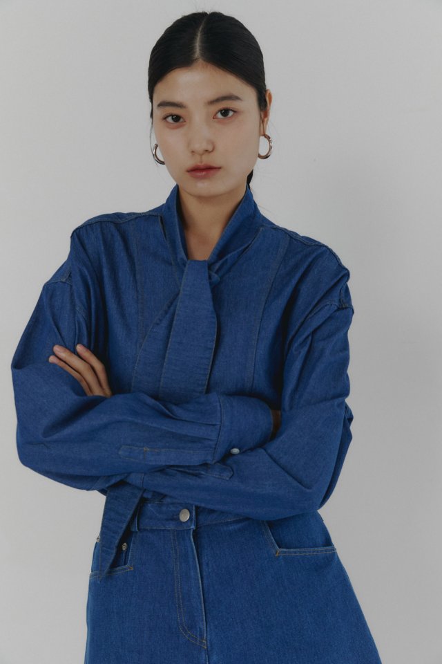 Neroli36 - Korean Women Fashion - #womensfashion - Tie Denim Shirt - 8