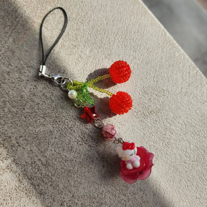 Newerly - Korean Women Fashion - #momslook - Cherry Flower Red Cat Mini Keyring Strap