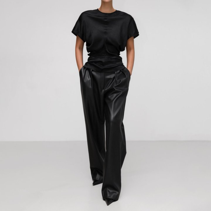Paper Moon - Korean Women Fashion - #momslook - Leather Low Waisted Double Pleats Wide Trousers - 2
