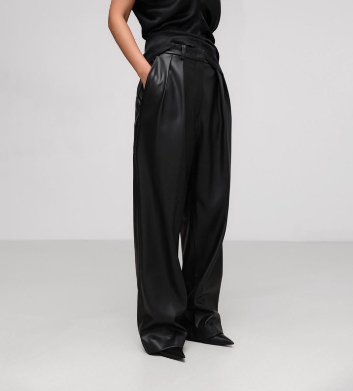 Paper Moon - Korean Women Fashion - #womensfashion - Leather Low Waisted Double Pleats Wide Trousers - 4