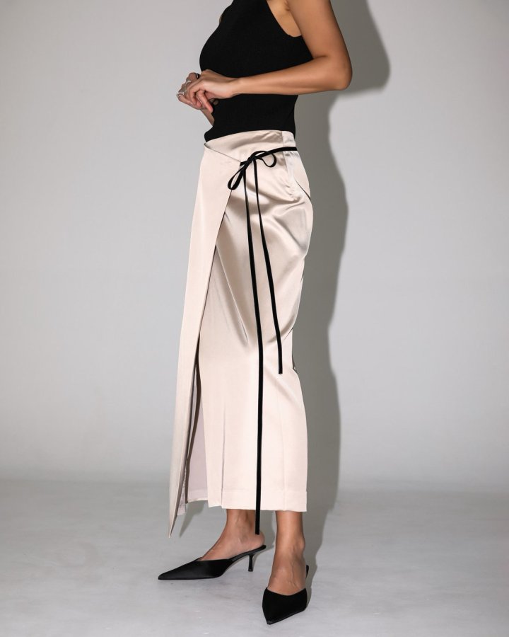 Paper Moon - Korean Women Fashion - #momslook - Velvet Trimmed Satin Wrap Maxi Skirt - 2