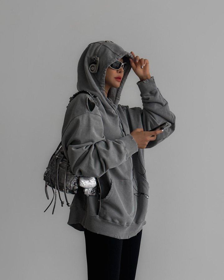 Paper Moon - Korean Women Fashion - #momslook - Oversized Pigment Cutted Detail Hoodie