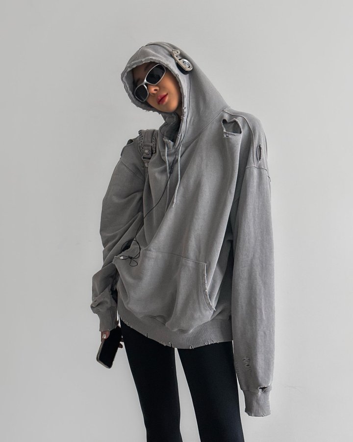 Paper Moon - Korean Women Fashion - #momslook - Oversized Pigment Cutted Detail Hoodie - 3