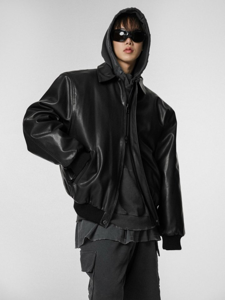 Paper Moon - Korean Women Fashion - #pursuepretty - Washed Vegan Shoulder Padded Bomber Jacket