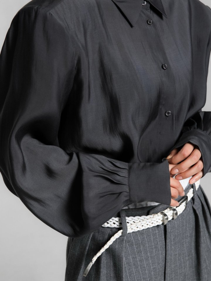 Paper Moon - Korean Women Fashion - #pursuepretty - Padded Shoulder Oversize Satin Button Down Shirt - 4