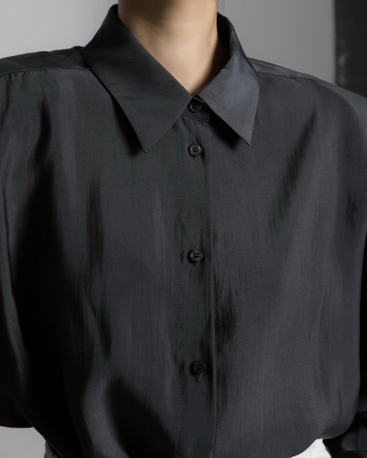 Paper Moon - Korean Women Fashion - #romanticstyle - Padded Shoulder Oversize Satin Button Down Shirt - 5