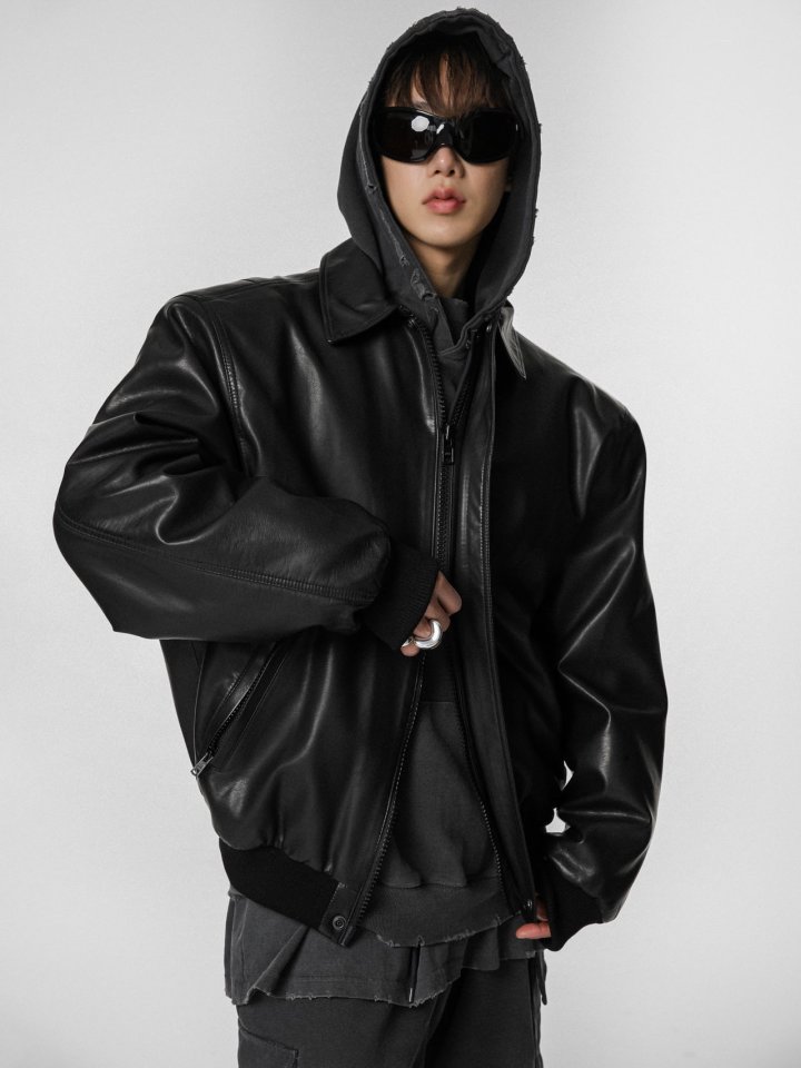 Paper Moon - Korean Women Fashion - #thatsdarling - Washed Vegan Shoulder Padded Bomber Jacket - 5
