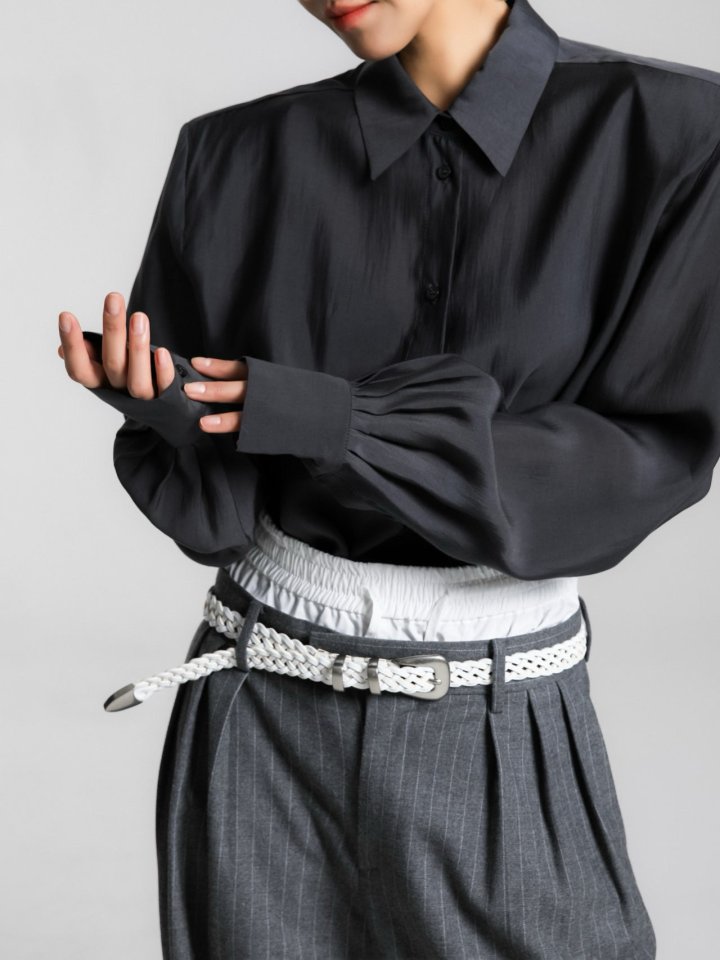 Paper Moon - Korean Women Fashion - #vintageinspired - Padded Shoulder Oversize Satin Button Down Shirt