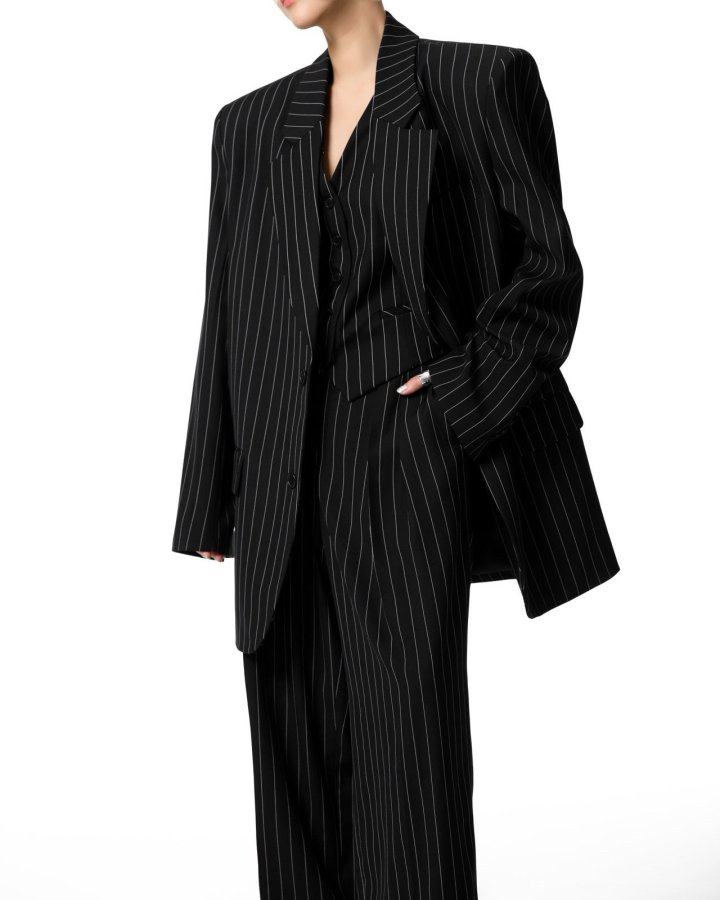 Paper Moon - Korean Women Fashion - #vintageinspired - Wide Pin Stripe Setup Suit Single Blazer - 3