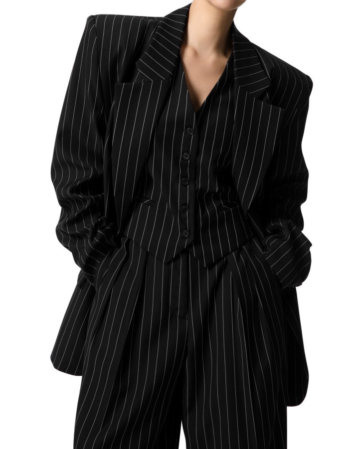 Paper Moon - Korean Women Fashion - #vintageinspired - Wide Pin Stripe Setup Suit Single Blazer - 4