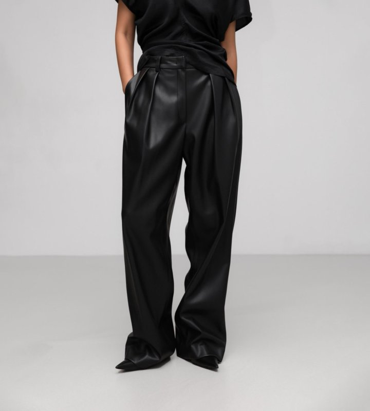 Paper Moon - Korean Women Fashion - #womensfashion - Leather Low Waisted Double Pleats Wide Trousers